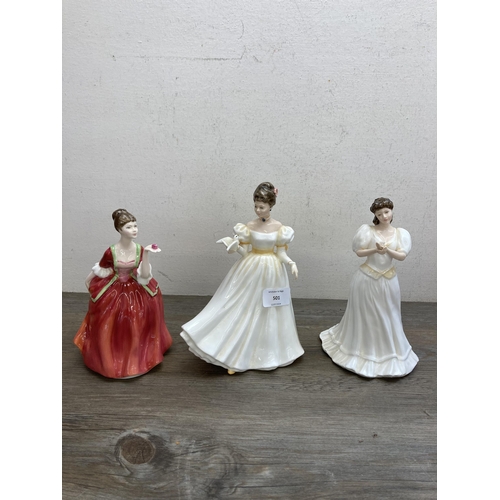 501 - Seven Royal Doulton bone china figurines, Rosie HN4094, Ascot HN2356, Sit HN3123, Alexandra HN3292, ... 