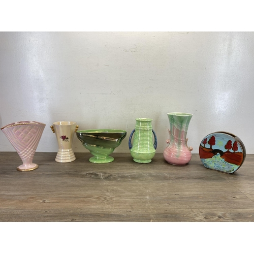 512 - Six pieces of ceramics to include Maling oval shaped tapered vase, Newhall two handled lustre vase -... 