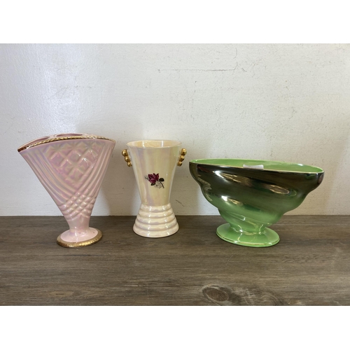 512 - Six pieces of ceramics to include Maling oval shaped tapered vase, Newhall two handled lustre vase -... 