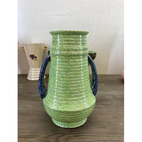 512 - Six pieces of ceramics to include Maling oval shaped tapered vase, Newhall two handled lustre vase -... 