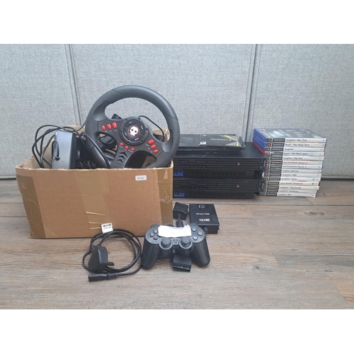 869 - Three Sony PlayStation 2 consoles, one SCPH-30003, one SCPH-30003 R and one SCPH-77003 slim with gam... 