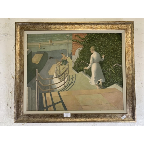 279 - A mid 20th century framed Modernist oil on canvas painting of a beach front scene - approx. 56cm hig... 