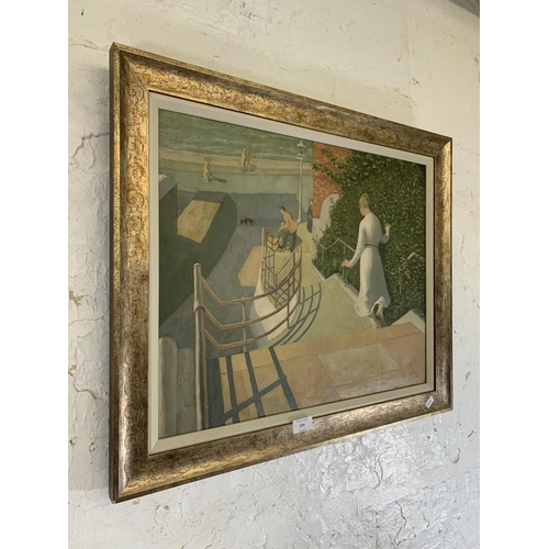 279 - A mid 20th century framed Modernist oil on canvas painting of a beach front scene - approx. 56cm hig... 