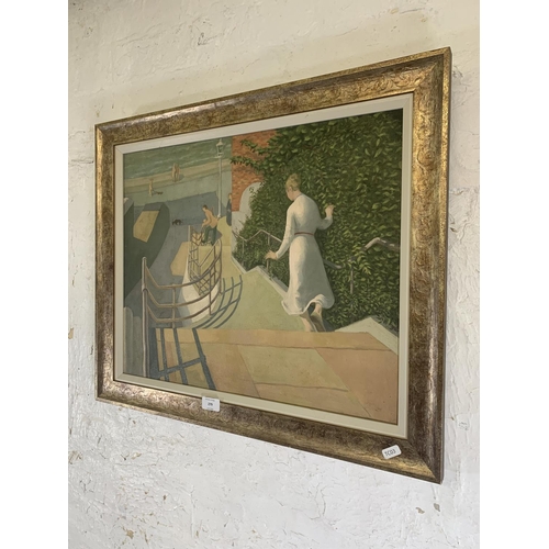 279 - A mid 20th century framed Modernist oil on canvas painting of a beach front scene - approx. 56cm hig... 