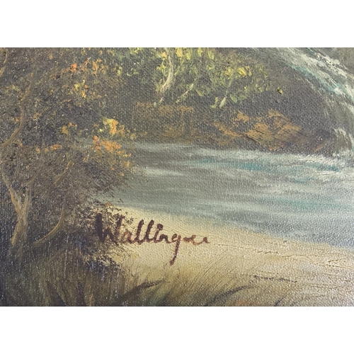 284 - A mid 20th century gilt framed oil on canvas of a riverside scene signed lower left - approx. 58cm h... 