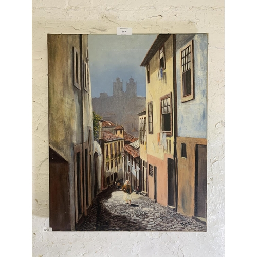 287 - A 20th century unframed continental acrylic on canvas of a village street scene, signed 'Rhead' to l... 