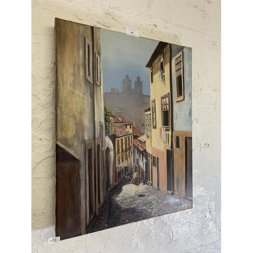 287 - A 20th century unframed continental acrylic on canvas of a village street scene, signed 'Rhead' to l... 