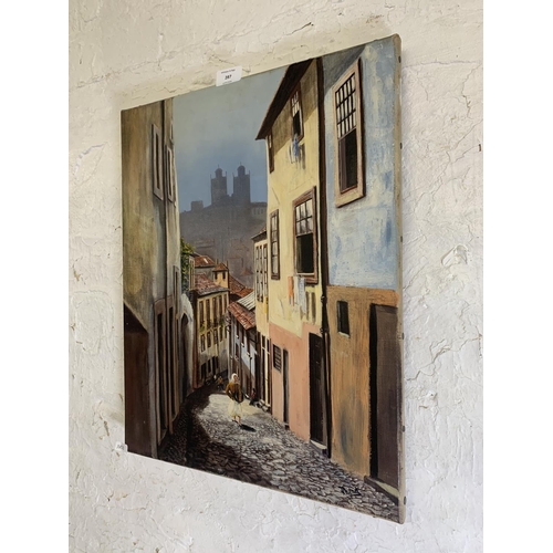 287 - A 20th century unframed continental acrylic on canvas of a village street scene, signed 'Rhead' to l... 