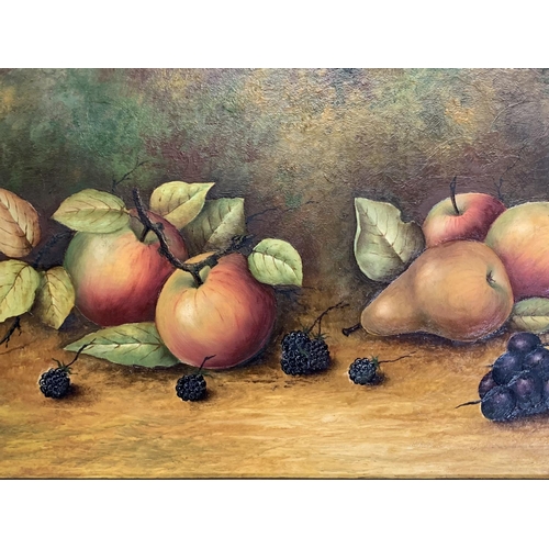 289 - A mid 20th century gilt framed oil on board still life of fruit by Coalport artist Joseph Mottram, s... 