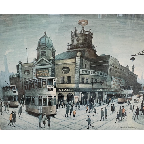 295 - A 20th century framed Arthur Delany pencil signed print of a Manchester street scene with blind mark... 