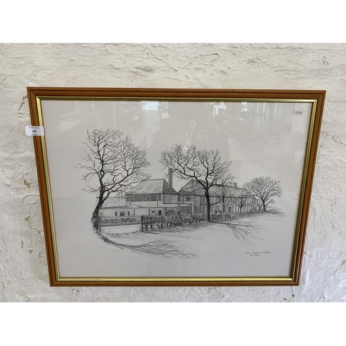 296 - A 20th century framed pencil sketch print of Sale Grammar School for Boys signed in pen lower left -... 