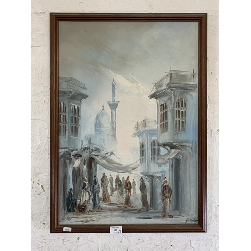 300 - Three mid 20th century Middle Eastern street scene framed paintings - largest approx. 70cm high x 50... 