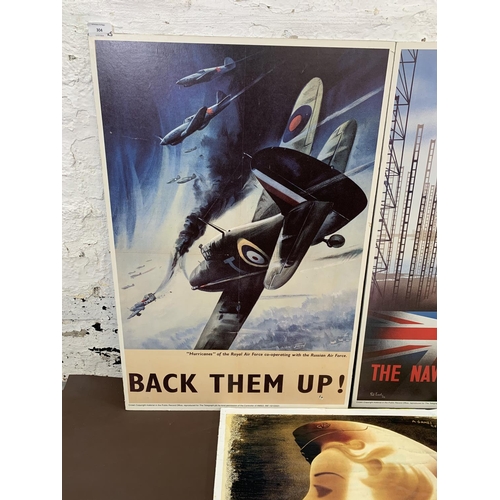 304 - Five reproduction military propaganda posters on board to include 'The Navy Thanks You', 'Join the A... 