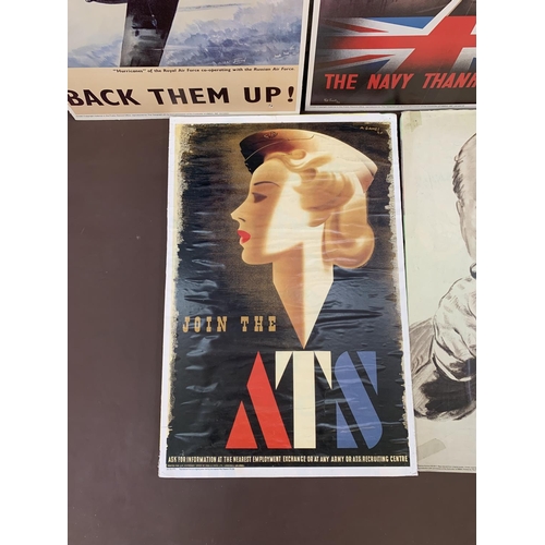 304 - Five reproduction military propaganda posters on board to include 'The Navy Thanks You', 'Join the A... 