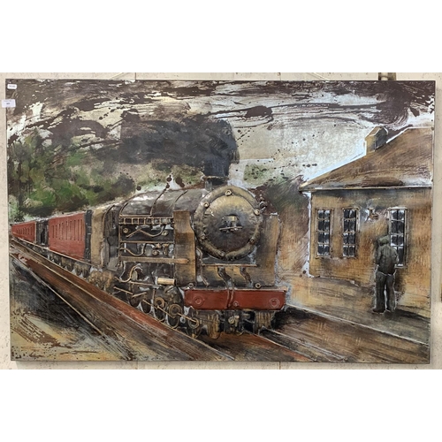 305 - A handmade and painted 3D metal steam locomotive wall sculpture - approx. 78cm high x 120cm wide