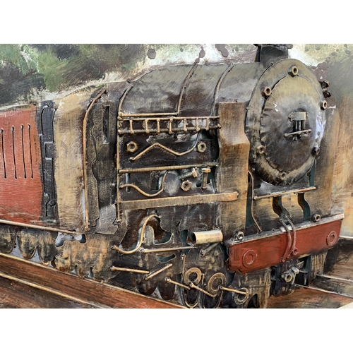 305 - A handmade and painted 3D metal steam locomotive wall sculpture - approx. 78cm high x 120cm wide