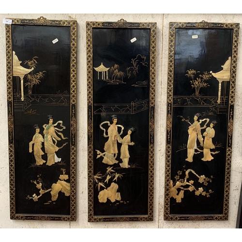 306 - Three mid 20th century Japanese Lacquered and carved mother of pearl Oriental wall panels - approx. ... 