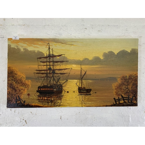 308 - A mid 20th century unframed oil on canvas of a clipper in harbour scene signed Gordon Allen lower ri... 