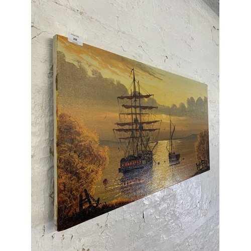 308 - A mid 20th century unframed oil on canvas of a clipper in harbour scene signed Gordon Allen lower ri... 