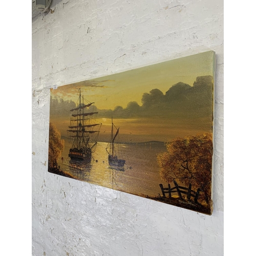 308 - A mid 20th century unframed oil on canvas of a clipper in harbour scene signed Gordon Allen lower ri... 