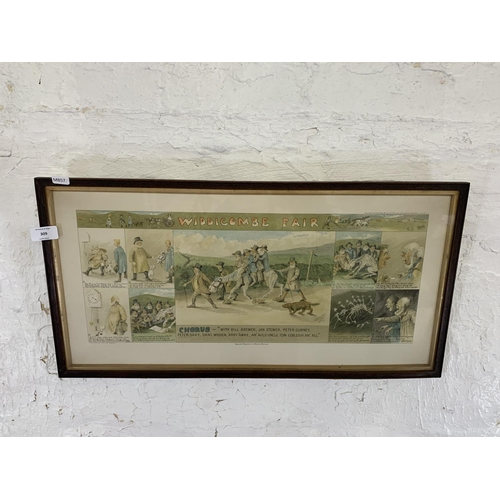 309 - An early 20th century framed John Harrop & Son print of a numbered cartoon strip of Widdicombe Fair ... 