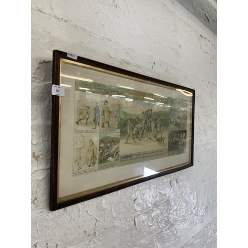 309 - An early 20th century framed John Harrop & Son print of a numbered cartoon strip of Widdicombe Fair ... 