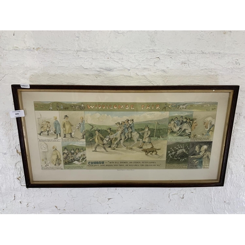 309 - An early 20th century framed John Harrop & Son print of a numbered cartoon strip of Widdicombe Fair ... 