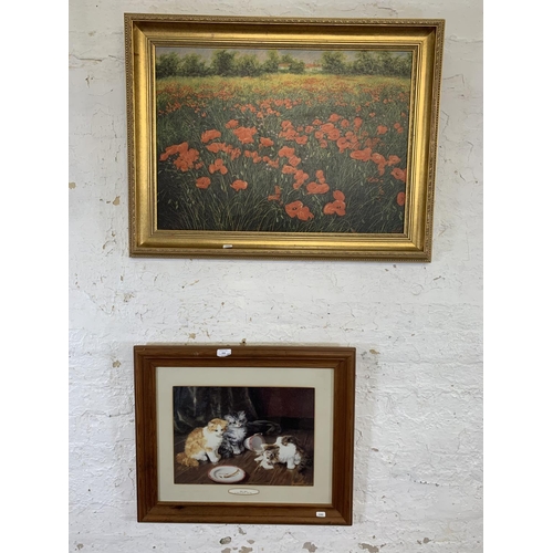 316 - Two 20th century framed prints, one textured print on canvas of a poppy field, one of cats titled 'S... 