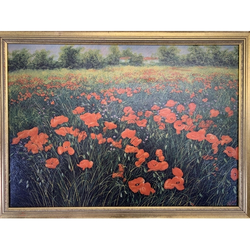 316 - Two 20th century framed prints, one textured print on canvas of a poppy field, one of cats titled 'S... 