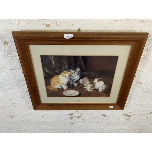 316 - Two 20th century framed prints, one textured print on canvas of a poppy field, one of cats titled 'S... 