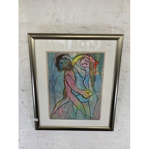 317 - A late 20th century framed Expressionist style oil pastel painting of a couple - approx. 69cm high x... 