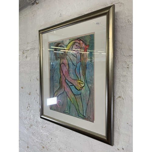 317 - A late 20th century framed Expressionist style oil pastel painting of a couple - approx. 69cm high x... 