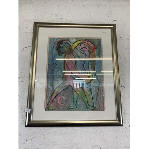 317 - A late 20th century framed Expressionist style oil pastel painting of a couple - approx. 69cm high x... 