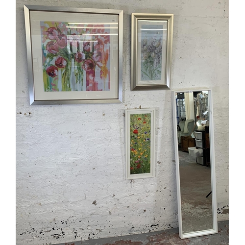 321 - Three modern framed floral prints and one wall hanging mirror - largest approx. 150cm high x 41cm wi... 