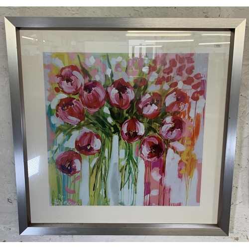 321 - Three modern framed floral prints and one wall hanging mirror - largest approx. 150cm high x 41cm wi... 