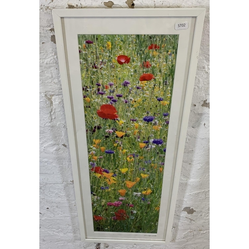 321 - Three modern framed floral prints and one wall hanging mirror - largest approx. 150cm high x 41cm wi... 