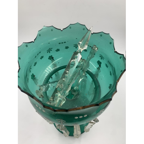 450A - A Victorian green glass table lustre - approx. 35cm high