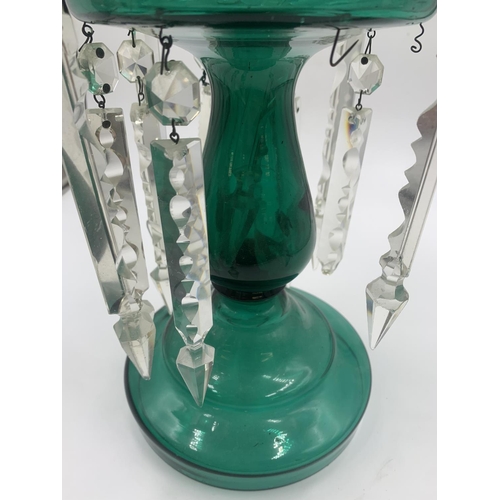 450A - A Victorian green glass table lustre - approx. 35cm high