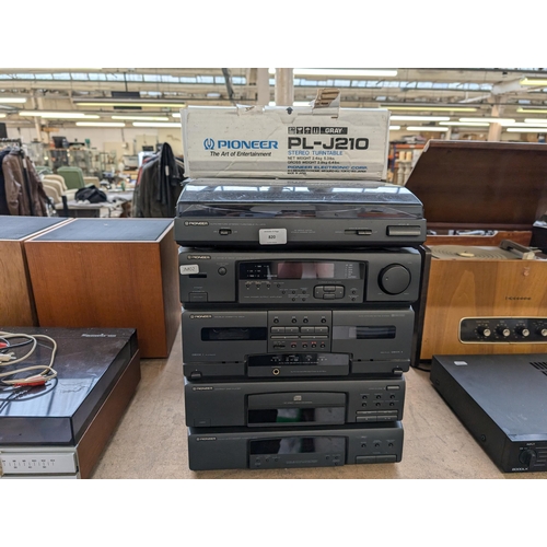 820 - A Pioneer stereo system comprising PL-J210 two-speed turntable with box, XD-J110 amplifier/CD player... 
