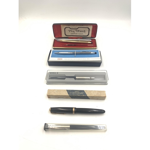 2144A - Seven writing instruments to include Parker Duofold fountain pen with 14ct gold nib, boxed Cross bal... 