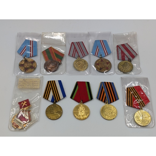 2170 - Ten Russian military Medals to include USSR Soviet 50 Year Anniversary, Valiant Labour, Twenty Years... 