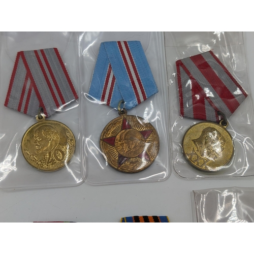 2170 - Ten Russian military Medals to include USSR Soviet 50 Year Anniversary, Valiant Labour, Twenty Years... 