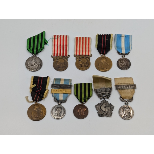 2214 - Ten French military medals to include WWII Armed Resistance, Franco-Prussian War, Colonial etc.