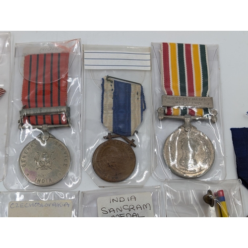 2222 - Ten military medals to include WWII Chinese Commemorative, Indian Sangram, WWI Belgian Volunteers et... 