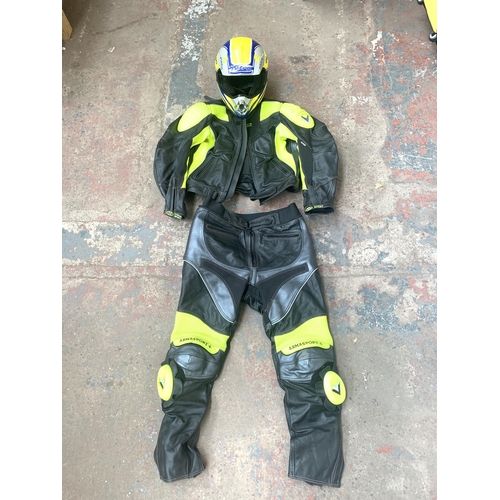 1024A - A Frank Thomas XS Extreme Sport UK size 46 bike leathers and Nitro Racing helmet