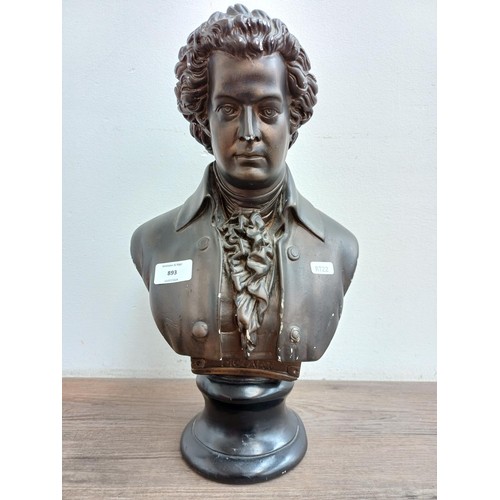 893 - A bronzed plaster bust of Wolfgang Amadeus Mozart - approx. 43cm high