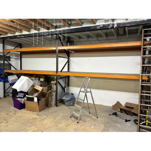 1039 - An industrial heavy duty orange and grey two bay metal pallet racking system with a large quantity o... 