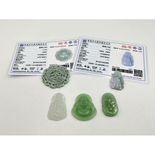 2036 - Five jade pendants, two certificates of authenticity are present for lavender jade and one other