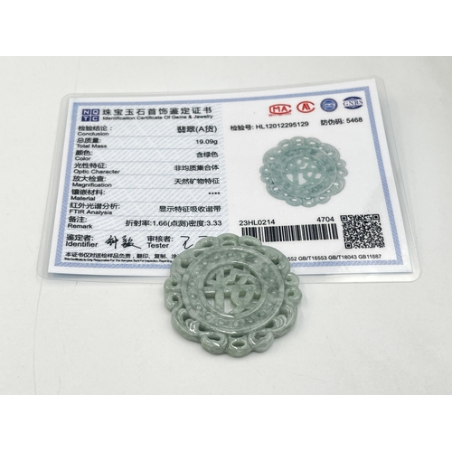 2036 - Five jade pendants, two certificates of authenticity are present for lavender jade and one other