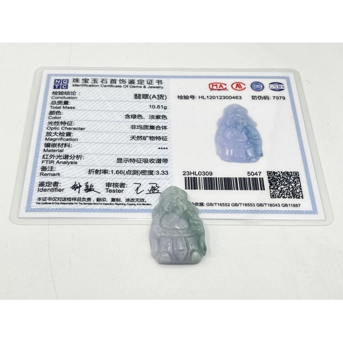 2036 - Five jade pendants, two certificates of authenticity are present for lavender jade and one other